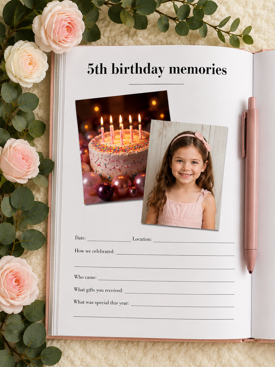 The Birthday Book heirloom keepsake journal with linen cover and gold foil lettering · The Birthday Book open to a birthday memory page with writing prompts · The Birthday Book interior pages showing letter and memory sections · The Birthday Book premium keepsake journal for recording 18 years of birthdays · The Birthday Book linen cover detail with gold accent lettering · The Birthday Book lay-flat binding for easy writing · The Birthday Book archival acid-free pages for lasting memories · The Birthday Boo