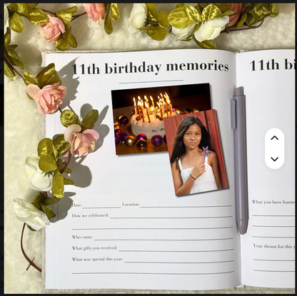 The Birthday Book heirloom keepsake journal with linen cover and gold foil lettering · The Birthday Book open to a birthday memory page with writing prompts · The Birthday Book interior pages showing letter and memory sections · The Birthday Book premium keepsake journal for recording 18 years of birthdays · The Birthday Book linen cover detail with gold accent lettering · The Birthday Book lay-flat binding for easy writing · The Birthday Book archival acid-free pages for lasting memories · The Birthday Boo