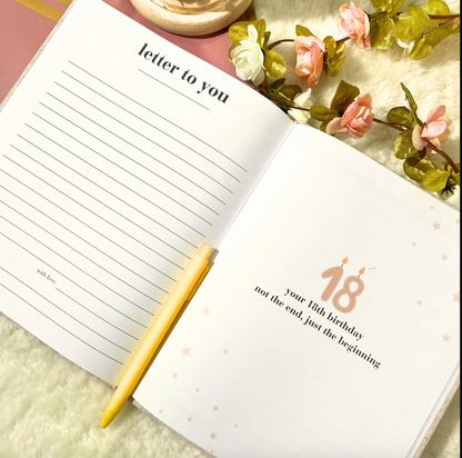 The Birthday Book heirloom keepsake journal with linen cover and gold foil lettering · The Birthday Book open to a birthday memory page with writing prompts · The Birthday Book interior pages showing letter and memory sections · The Birthday Book premium keepsake journal for recording 18 years of birthdays · The Birthday Book linen cover detail with gold accent lettering · The Birthday Book lay-flat binding for easy writing · The Birthday Book archival acid-free pages for lasting memories · The Birthday Boo